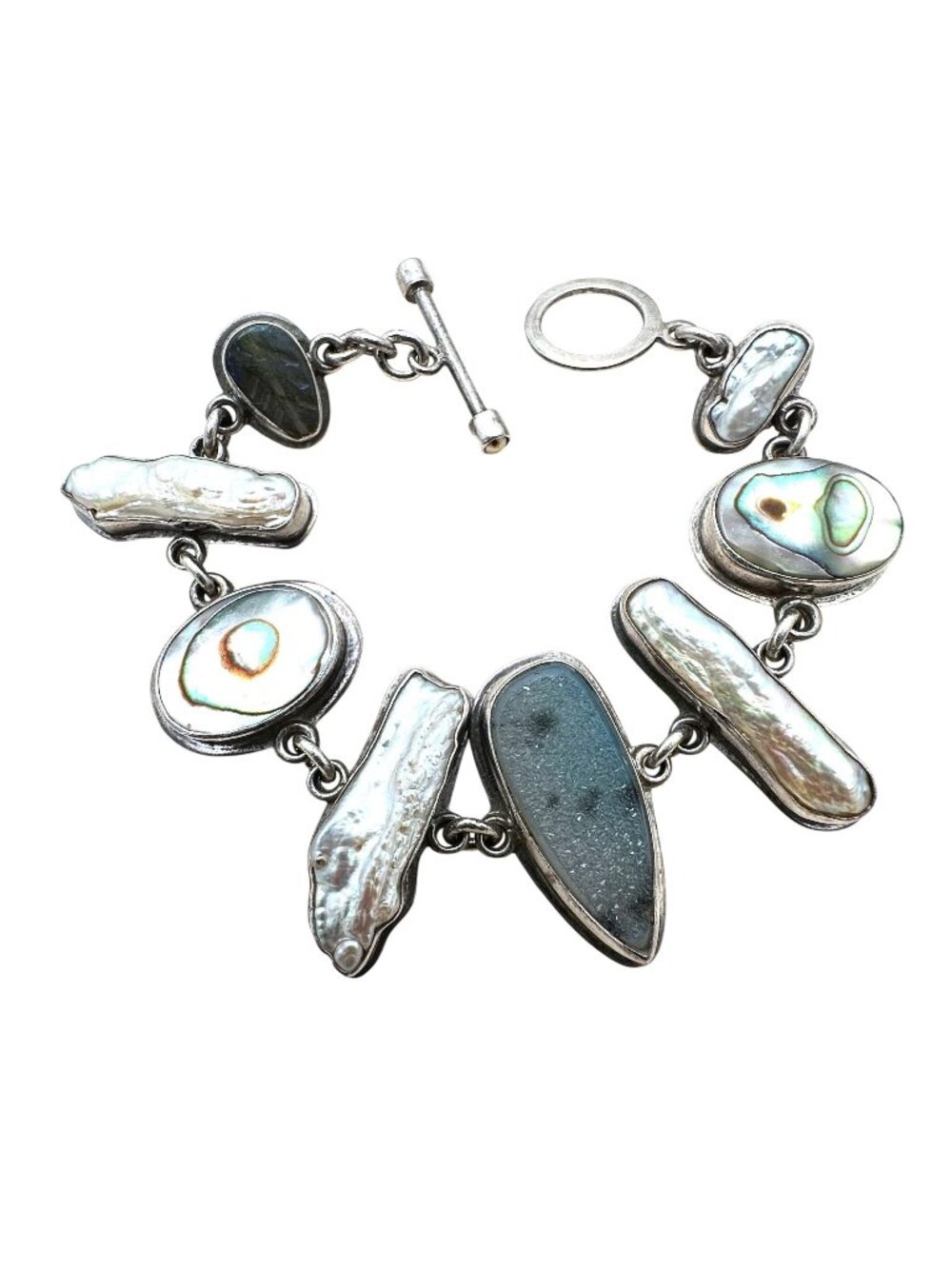 Artisan Talie? Sterling Silver Druzy Quartz Pearl Bracelet 7 Inch 36 Grams